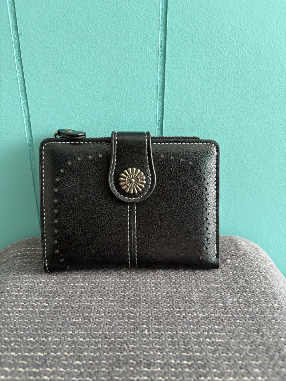 Black Women's Wallet with Decorative Button Accent